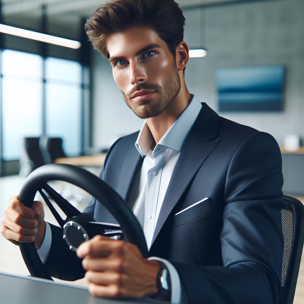 CEO holding steering wheel