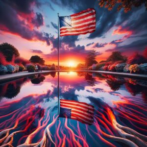 "American flag reflection sunset"