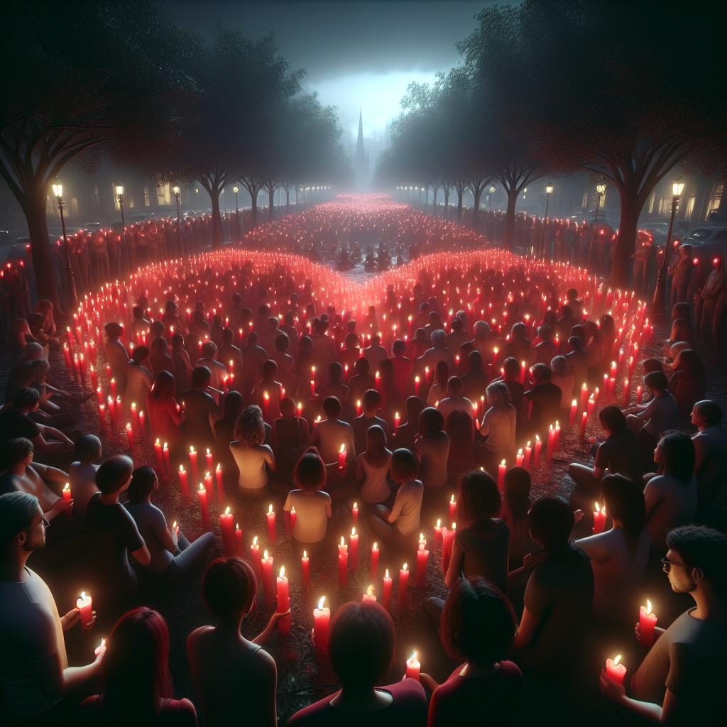 Heart-shaped candle vigil scene