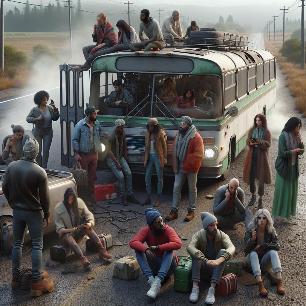 Stranded passengers on broken bus