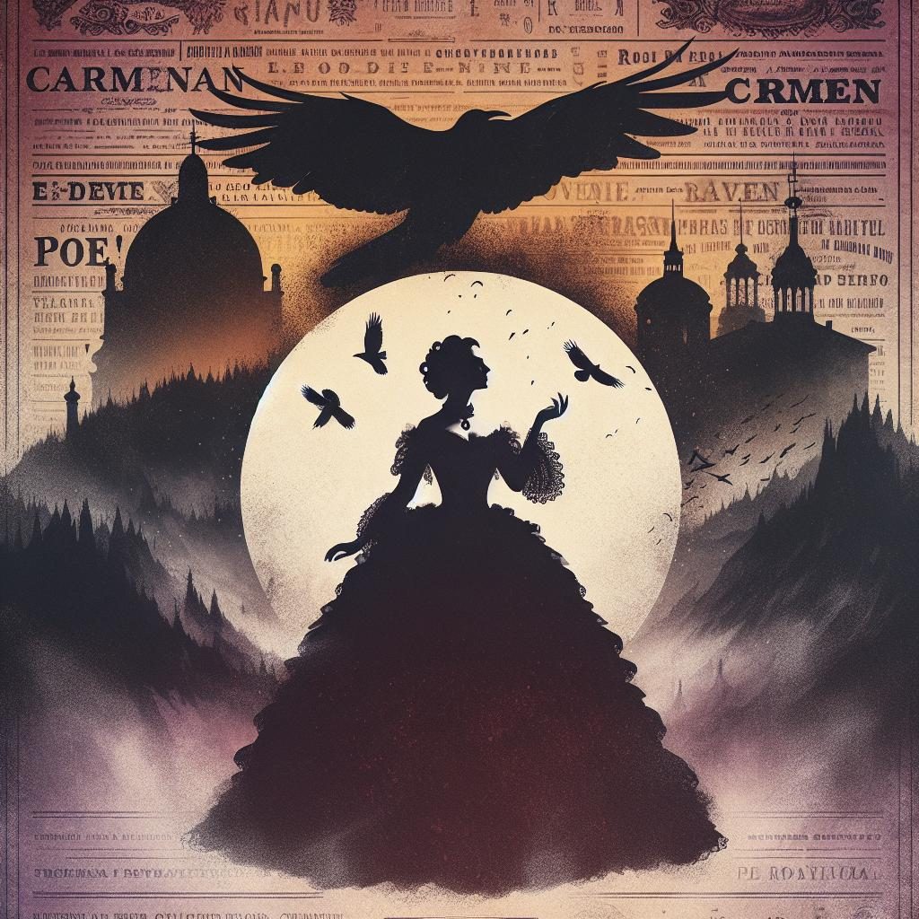 Opera poster, Carmen silhouette, Poe-inspired backdrop