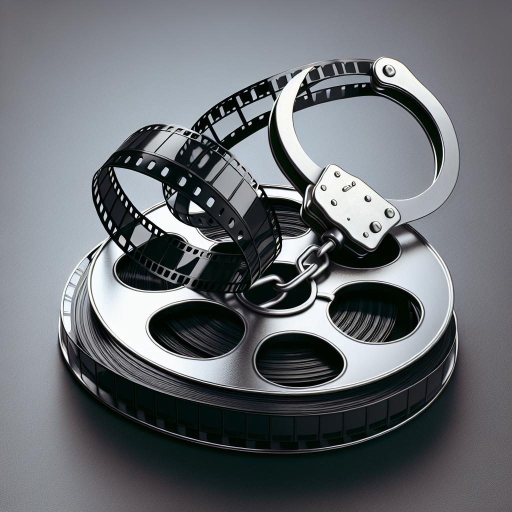 Film reel and handcuffs.