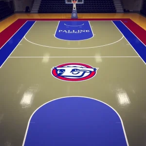 Basketball court with vibrant team colors and logo.