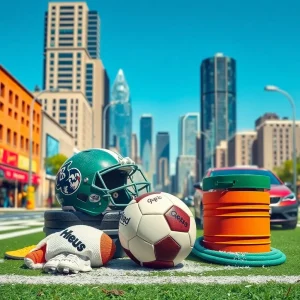 Football gear and car wash equipment in vibrant cityscape.