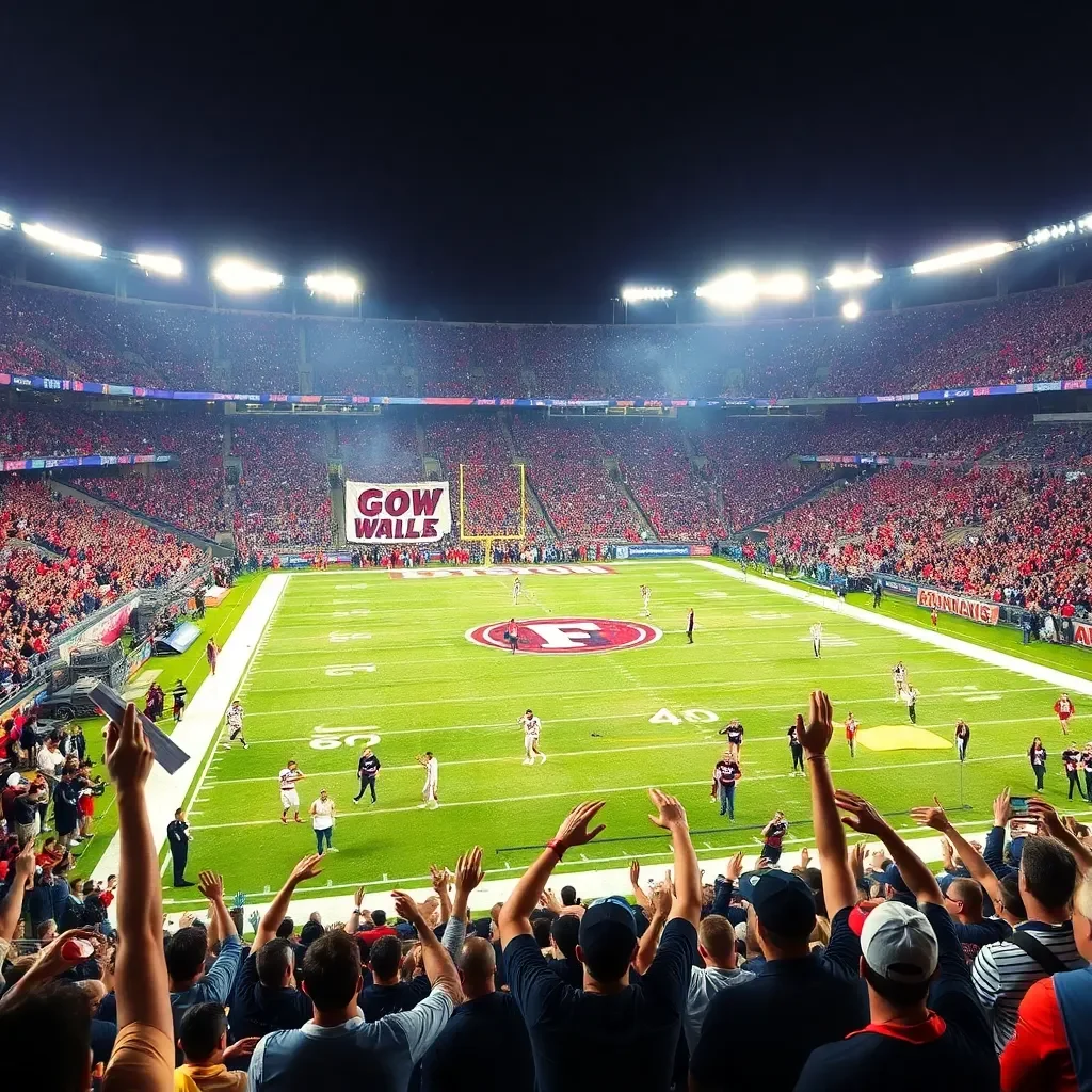 Exciting football game celebration with team banners and fans.