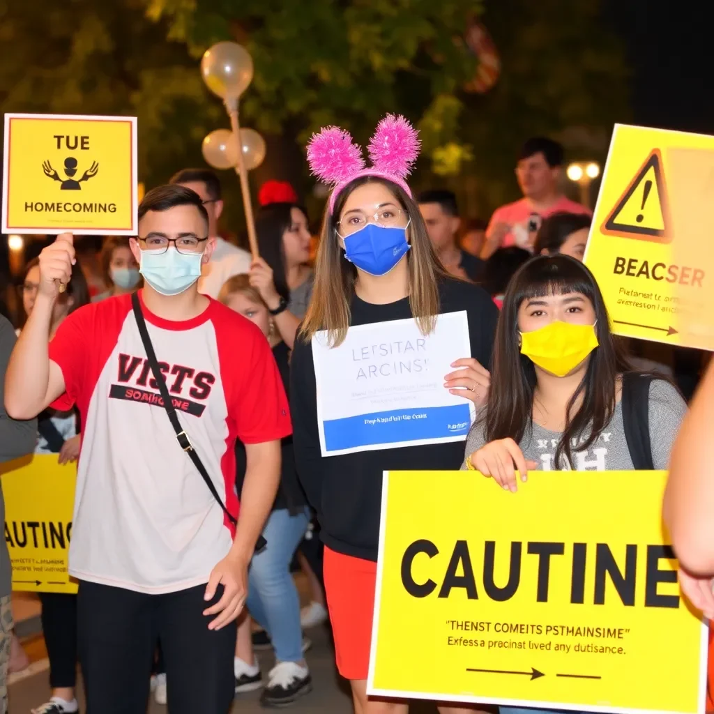 Homecoming celebration with cautious atmosphere and awareness signs.