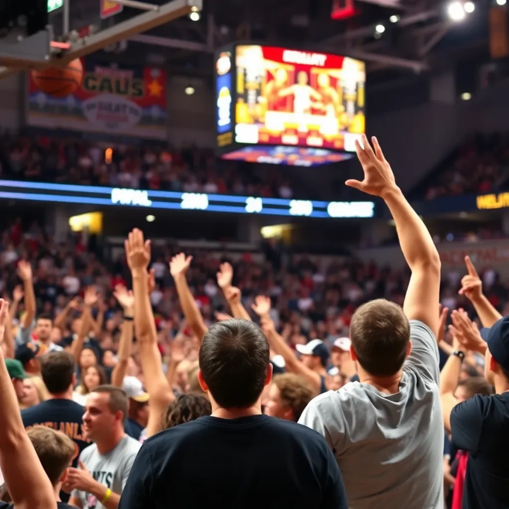 Exciting college basketball game atmosphere with vibrant crowd engagement.