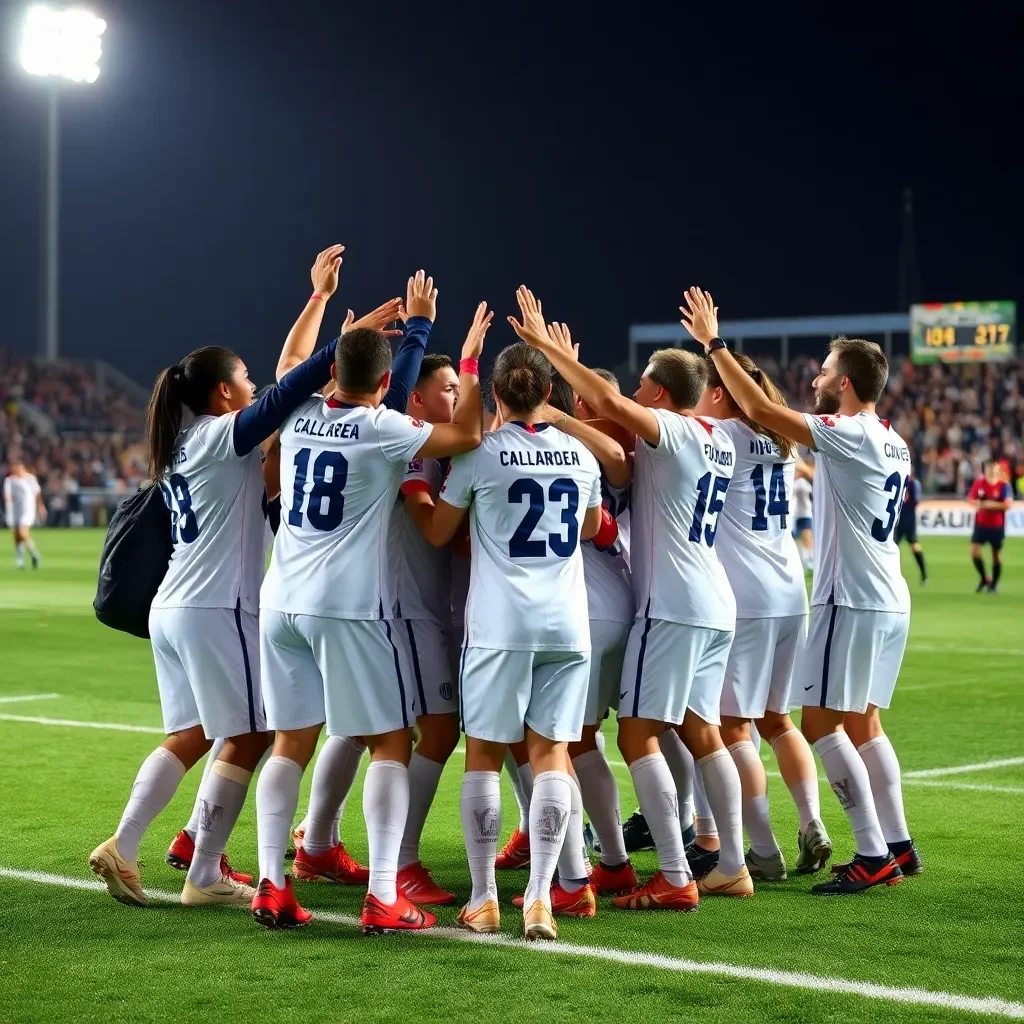 Team celebrating victory on a football field.