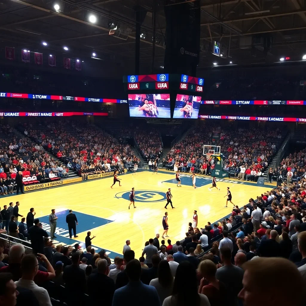 College basketball teams competing in a vibrant arena setting.