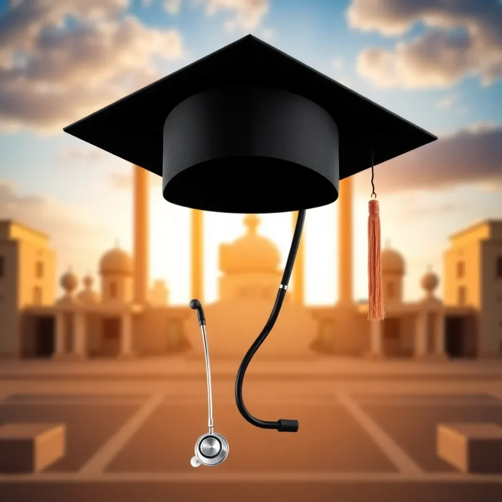 Graduation cap and stethoscope against a heroic backdrop.