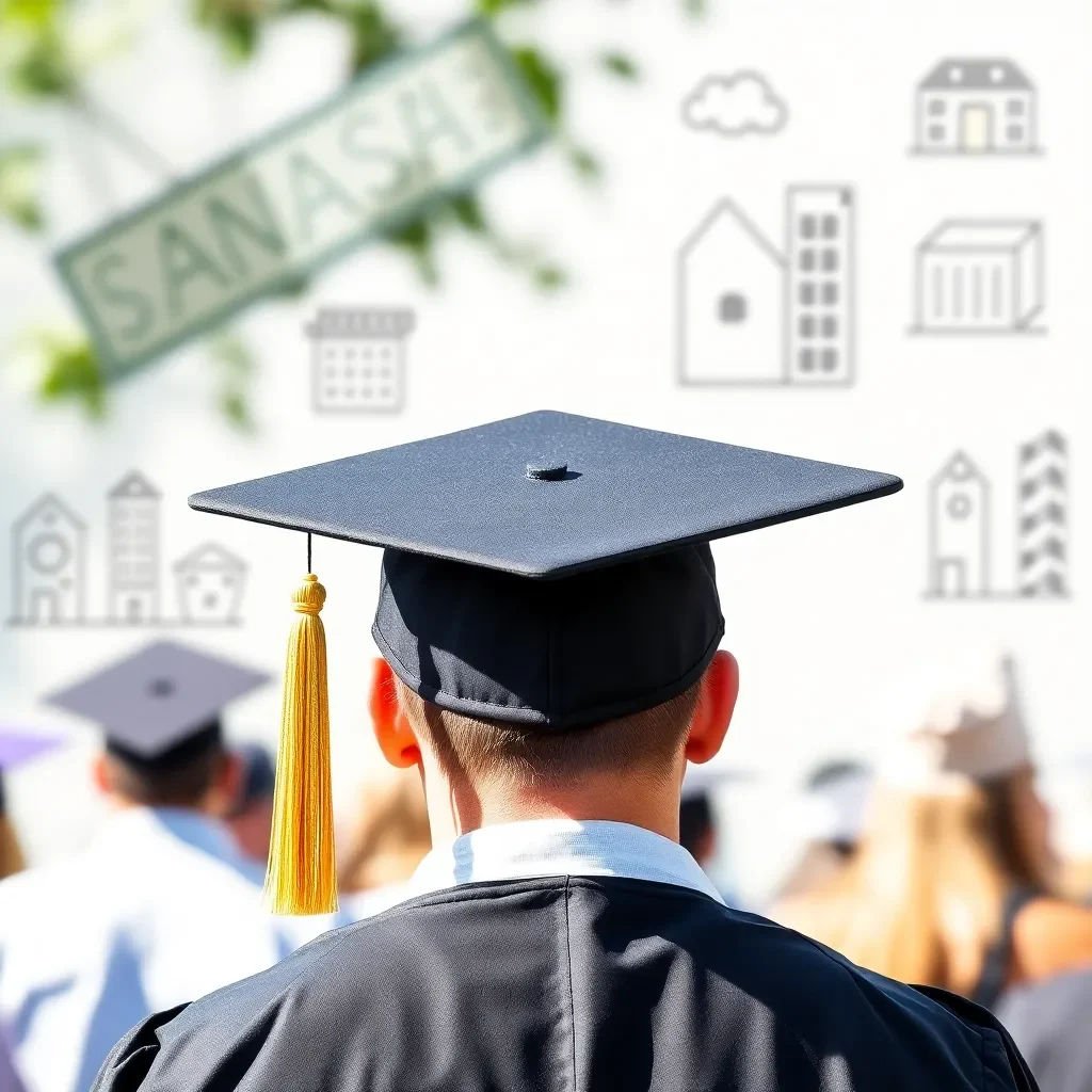 Graduation cap with community-building elements in background.