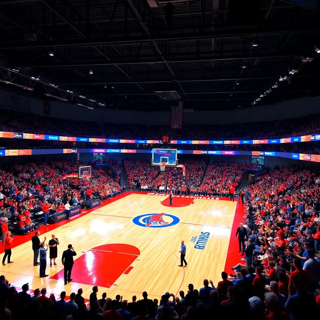 Basketball court with vibrant team colors and fans cheering.