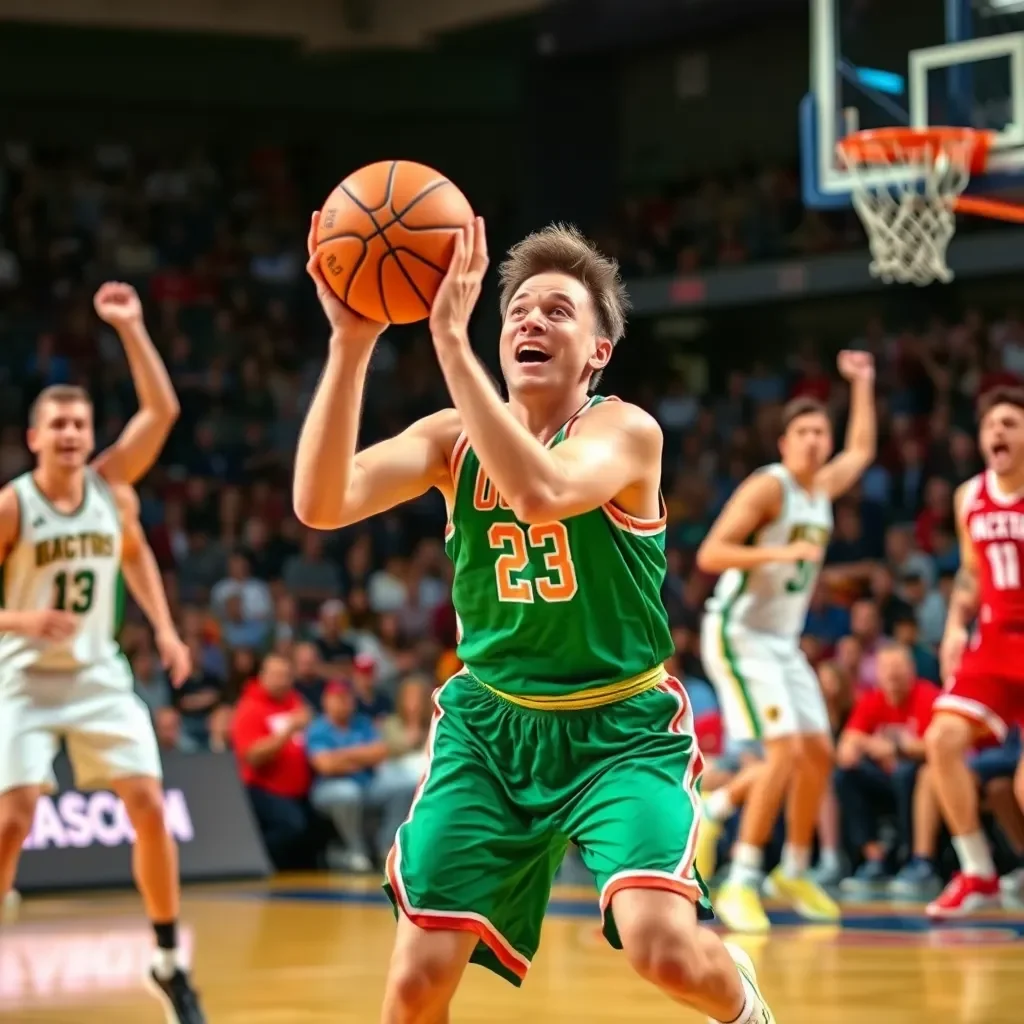 Exciting basketball game with vibrant team colors and energy.