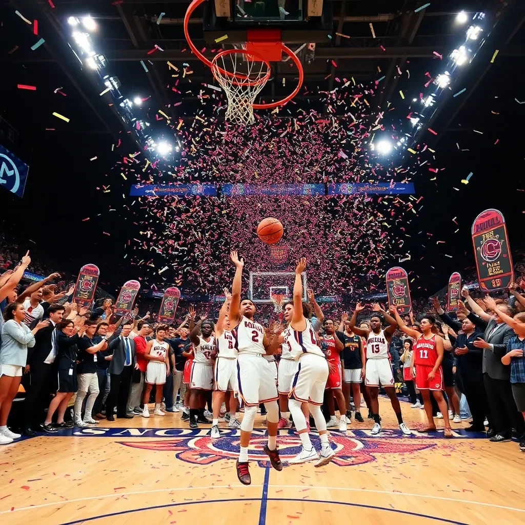 Basketball court celebration with confetti and team banners.