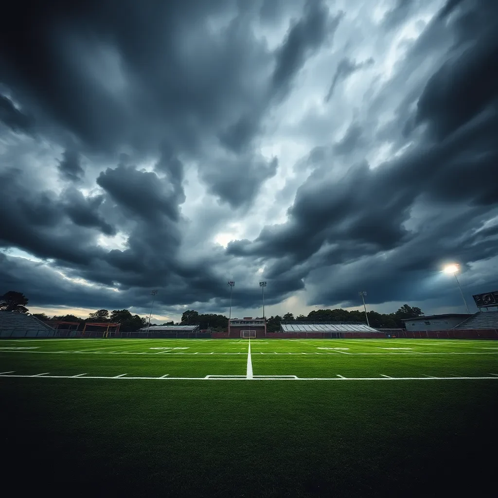 Football field under ominous storm clouds.