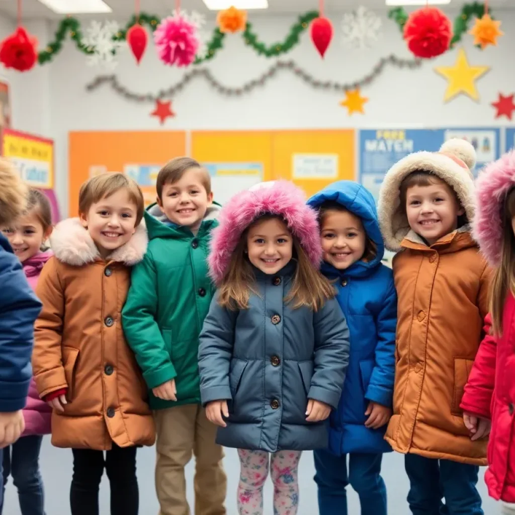 Children excitedly trying on new winter coats at Schools of Perea