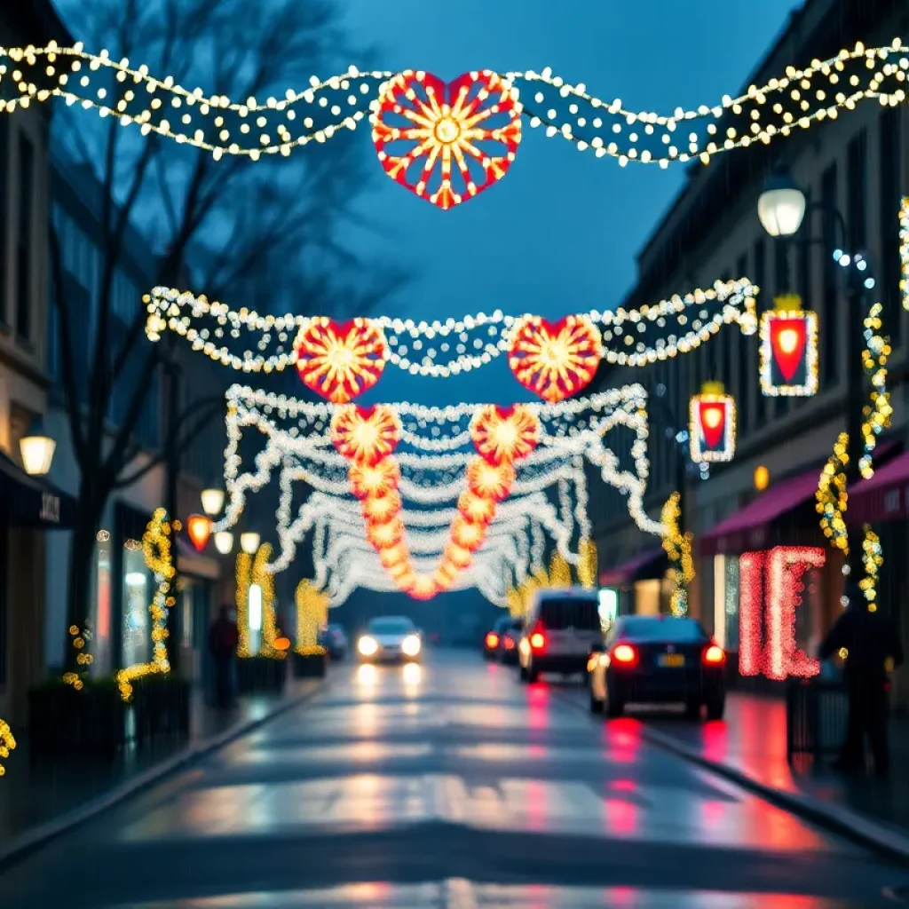 Rainy Christmas street in Memphis decorated with holiday lights