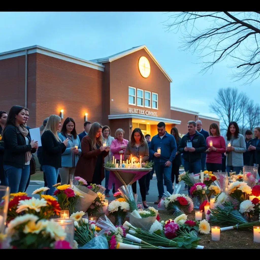 A community gathering memorializing cherished individuals outside a school.