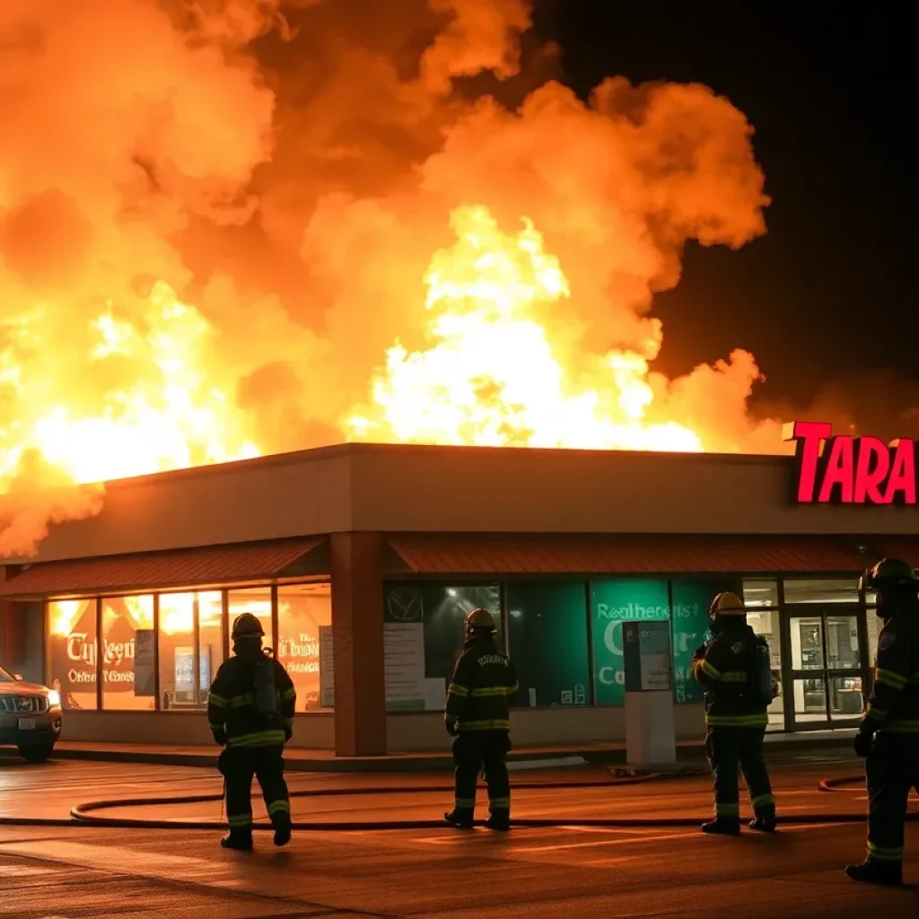 Firefighters battling a fire at a strip mall