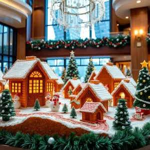 Holiday gingerbread village display at The Peabody Memphis Hotel