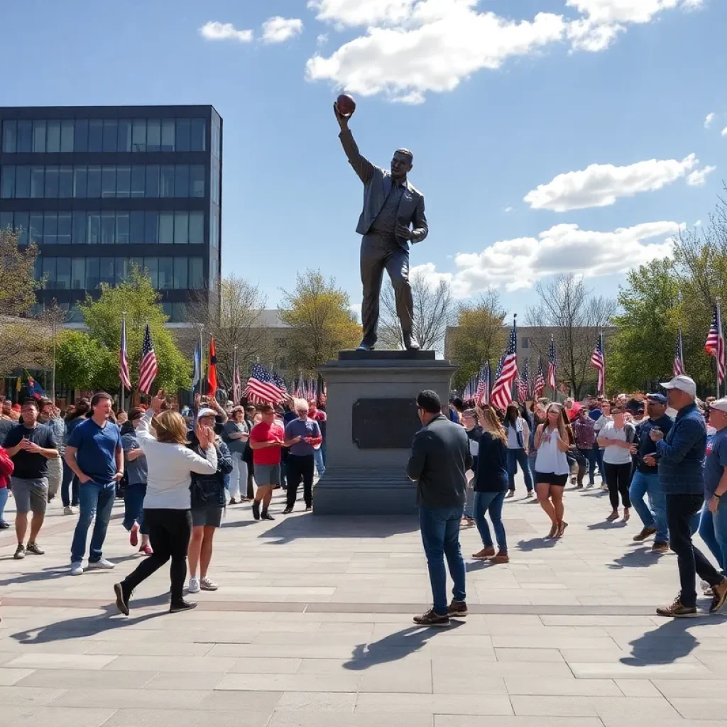 Statue honoring basketball legend Larry Finch in a vibrant plaza.