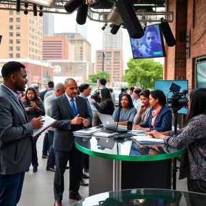 Vibrant scene of a Memphis newsroom with journalists covering local sports.