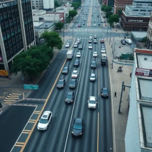 Aerial view of busy city streets in Memphis, highlighting traffic hazards.