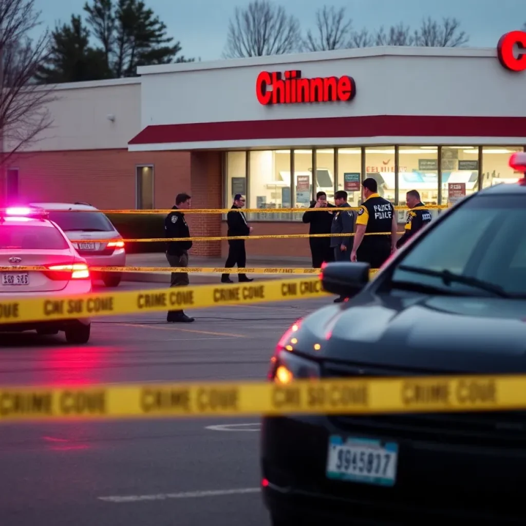 Police officers investigating a CVS Pharmacy carjacking scene