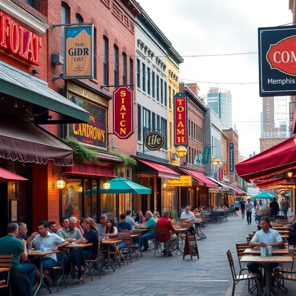 Outdoor dining scene in Memphis with various restaurants