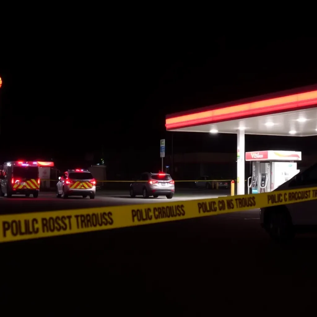 Scene of a gas station with police presence and emergency vehicles after a stabbing incident in Memphis.