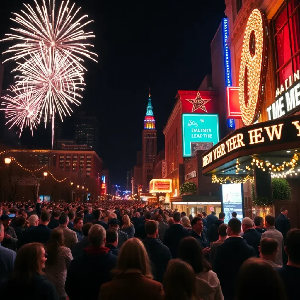 Crowd celebrating New Year's Eve in Memphis with fireworks