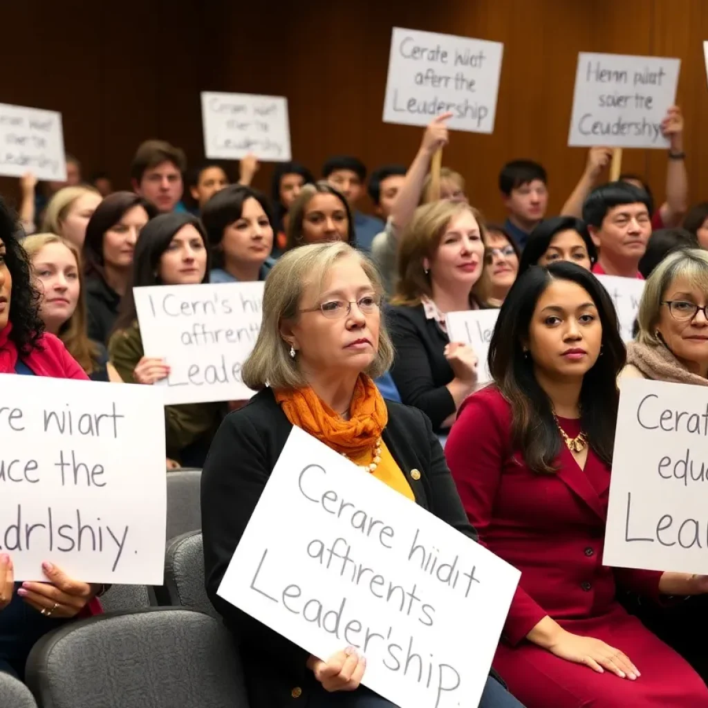 Community members at a school board meeting expressing support for educational leadership.