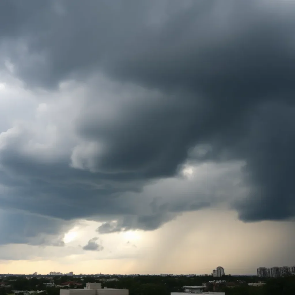 Dramatic storm clouds over Memphis city skyline