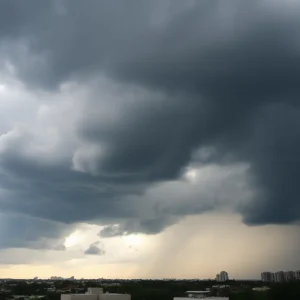 Dramatic storm clouds over Memphis city skyline