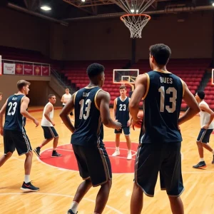 Memphis Tigers players practicing on the basketball court.