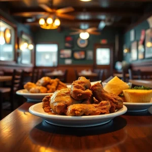 A table set with traditional soul food dishes including fried chicken, collard greens, and cornbread.