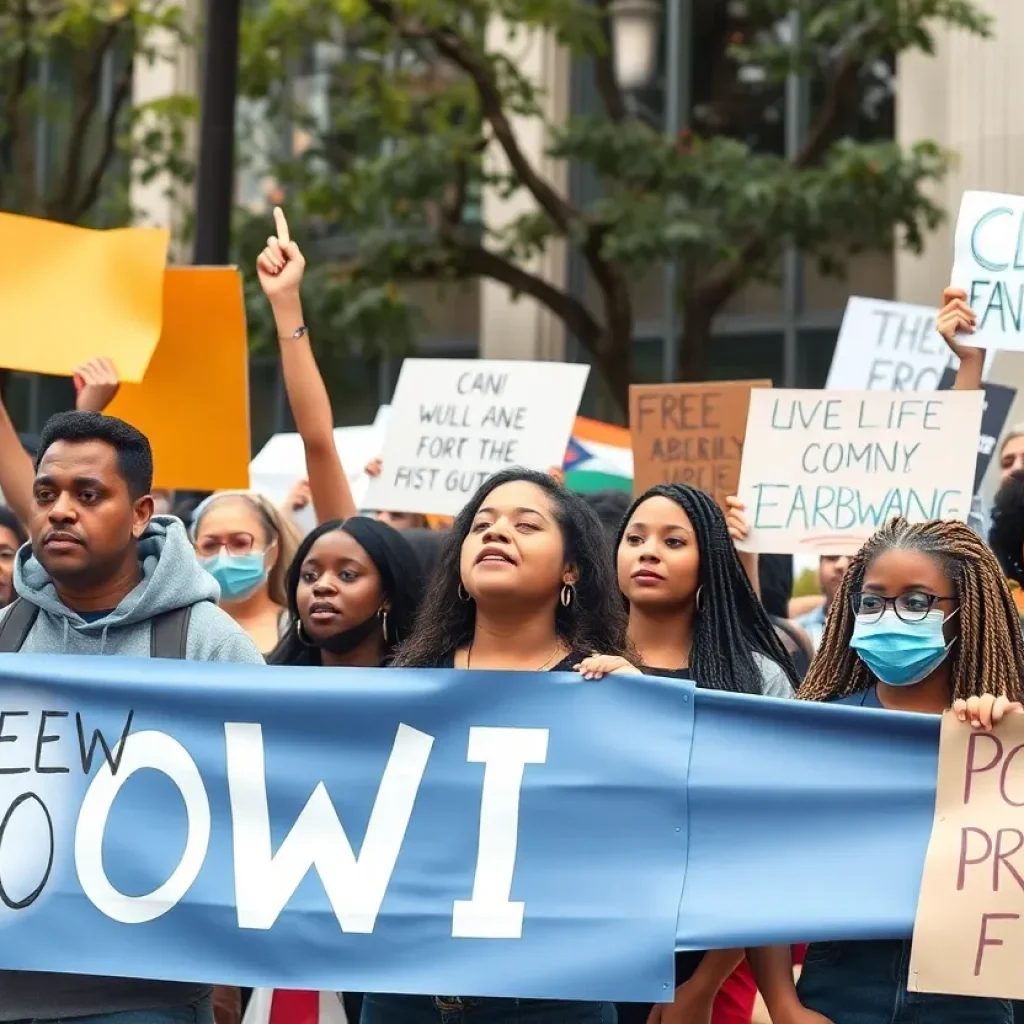 Scene depicting a peaceful protest focused on nonviolence education