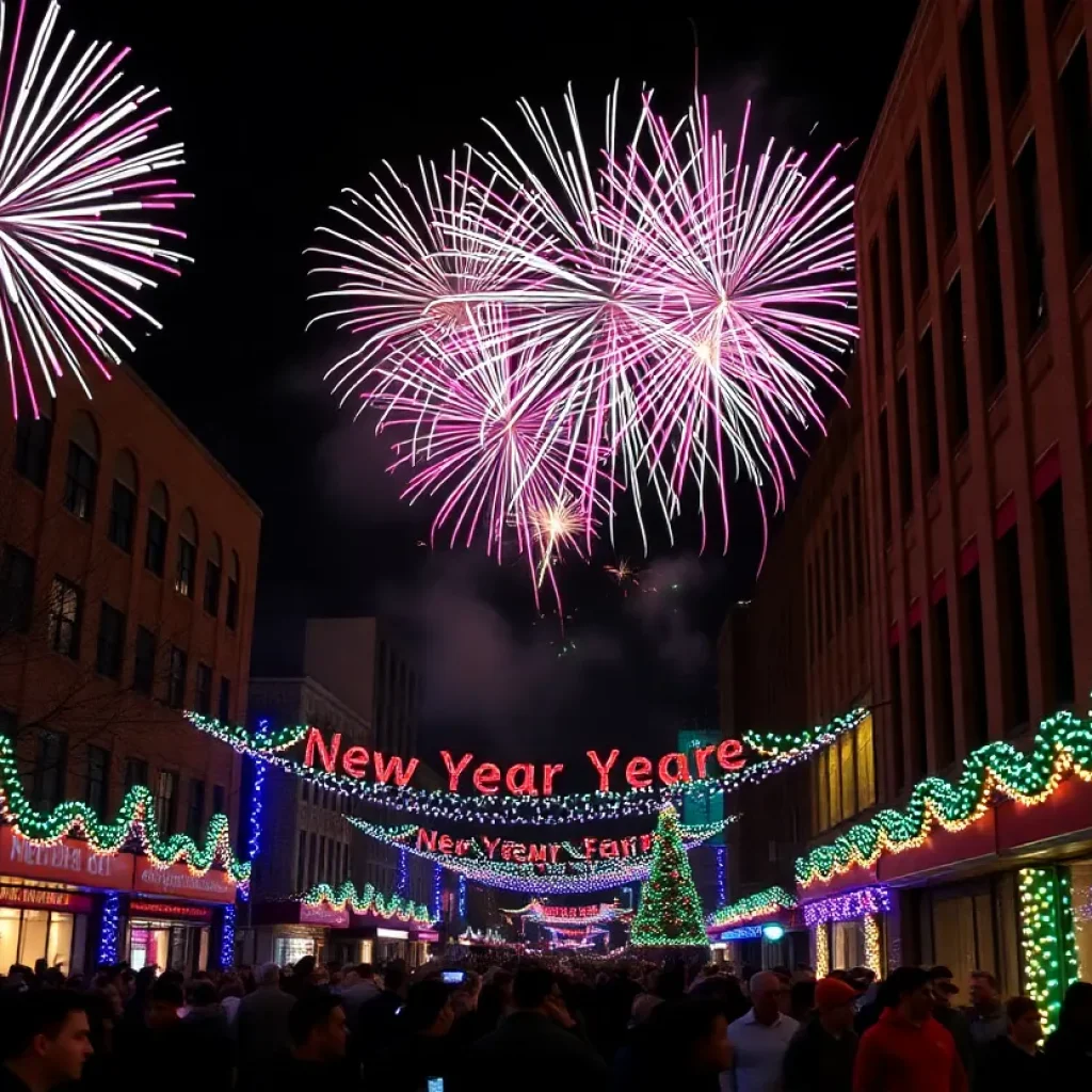 Crowd celebrating New Year’s Eve in Memphis with fireworks