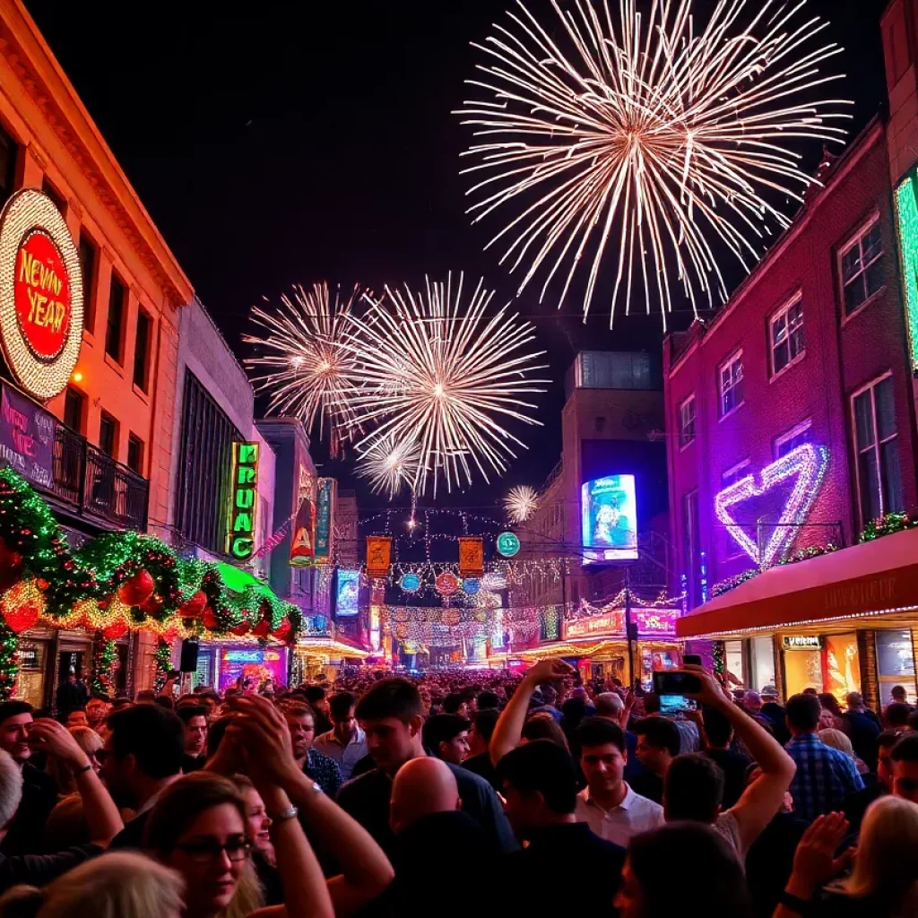 Crowd celebrating New Year's Eve in Memphis with fireworks