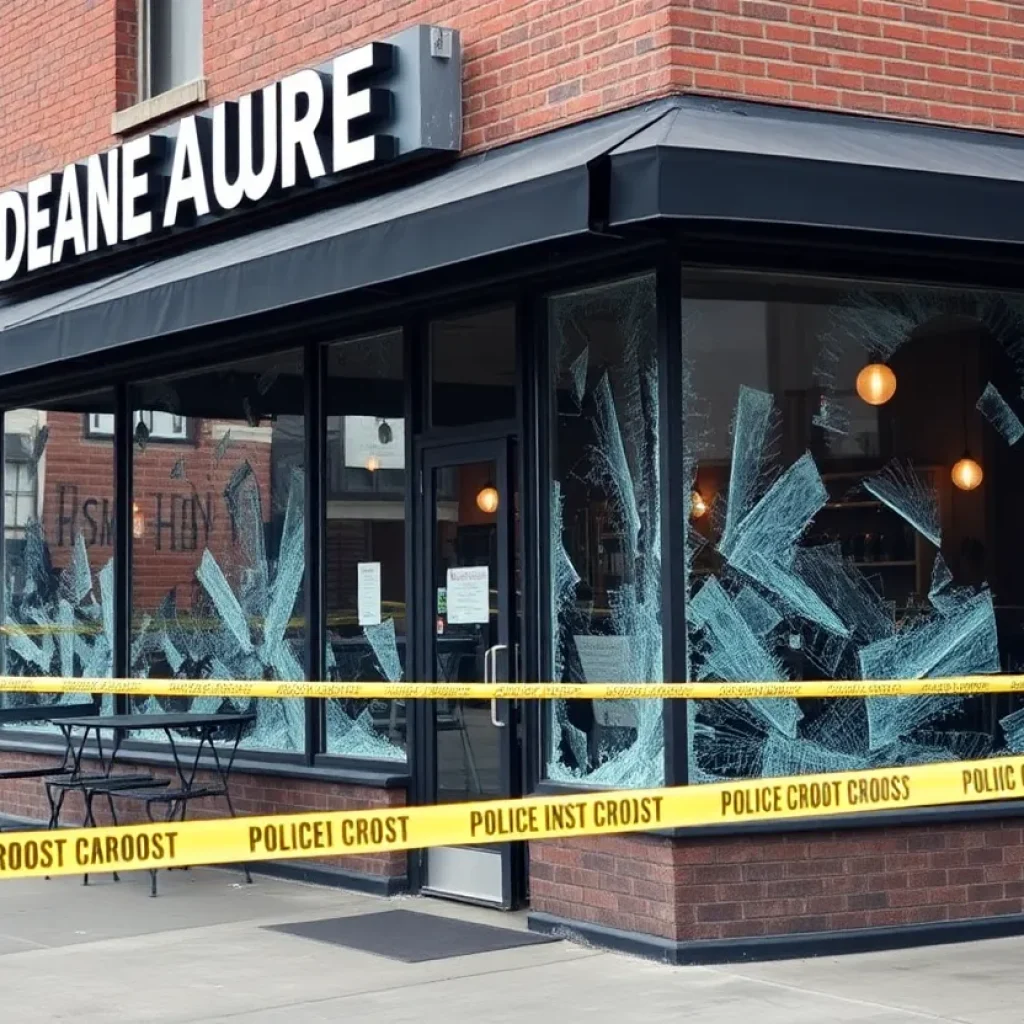 Shattered windows at Alcenia's Restaurant in Downtown Memphis after a burglary.