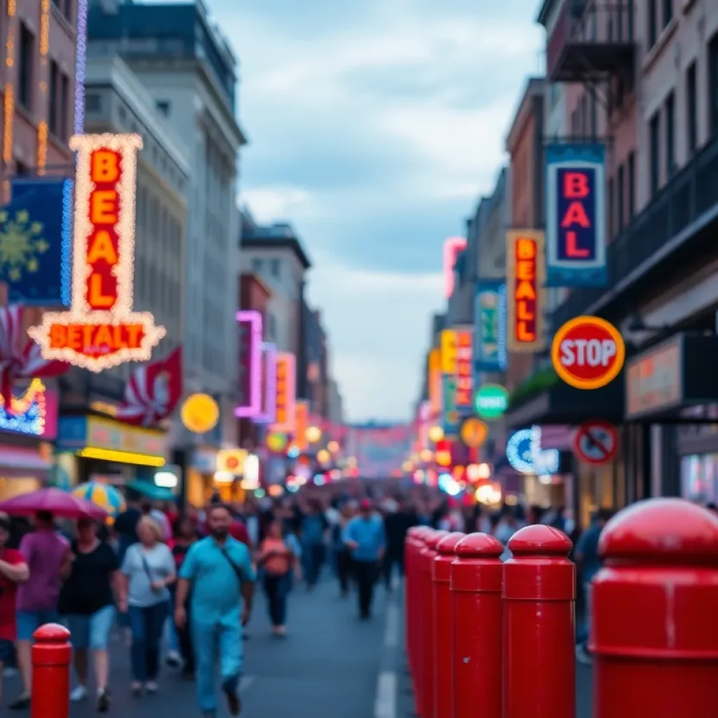 Crowd enjoying a festival on Beale Street with safety measures visibly placed.