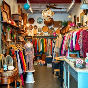 Interior of Blue Suede Vintage with racks of clothing and vintage decor