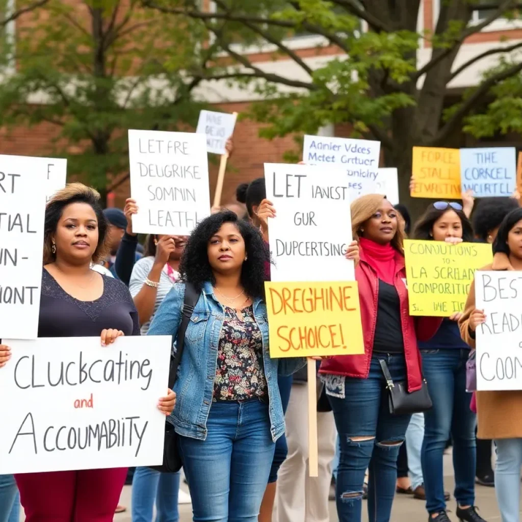 Community members hold signs supporting educational leadership outside a school.