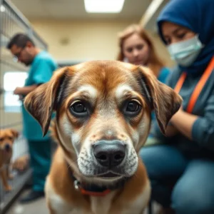 Dog in shelter with staff members