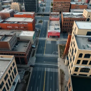 Aerial view of a quiet downtown Memphis, showing empty streets and buildings