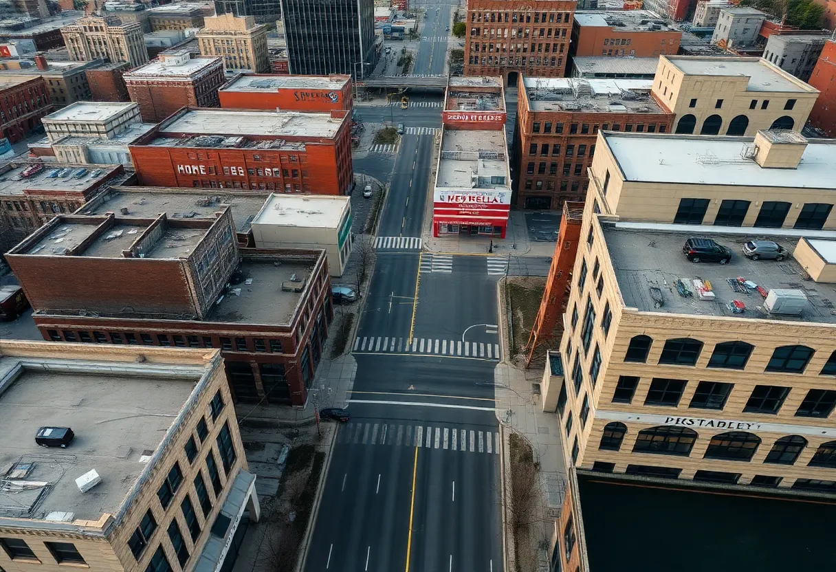 Aerial view of a quiet downtown Memphis, showing empty streets and buildings