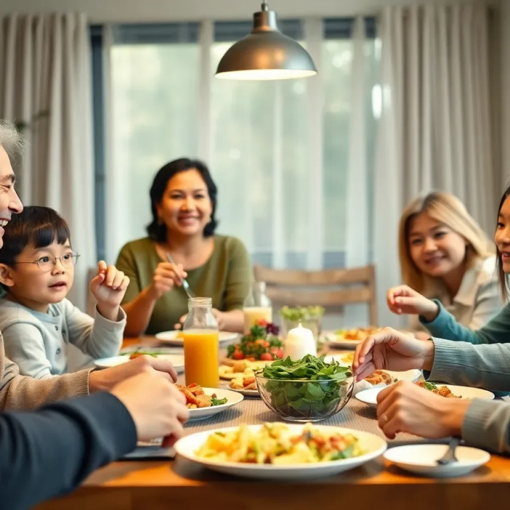 A family enjoying dinner together, highlighting the importance of family connections.