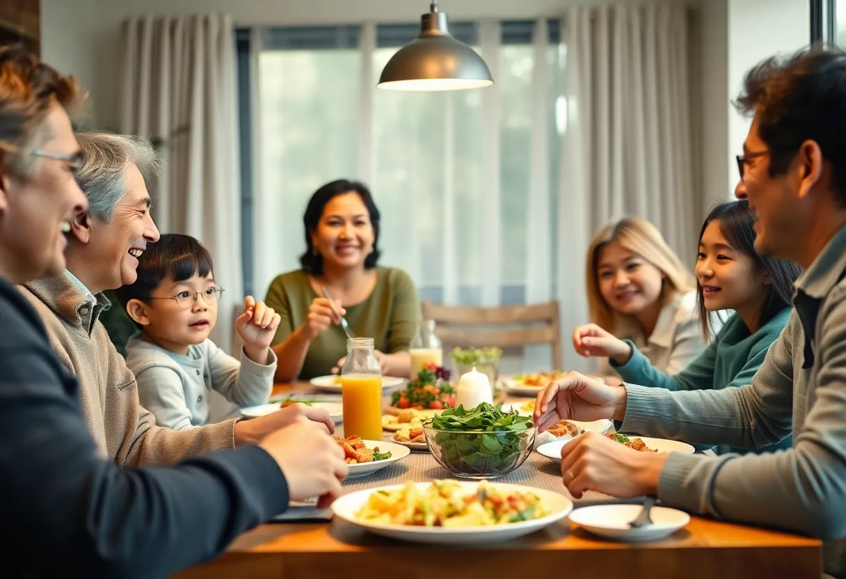 A family enjoying dinner together, highlighting the importance of family connections.