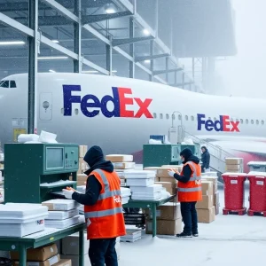 FedEx workers at the hub in Memphis during winter weather conditions.