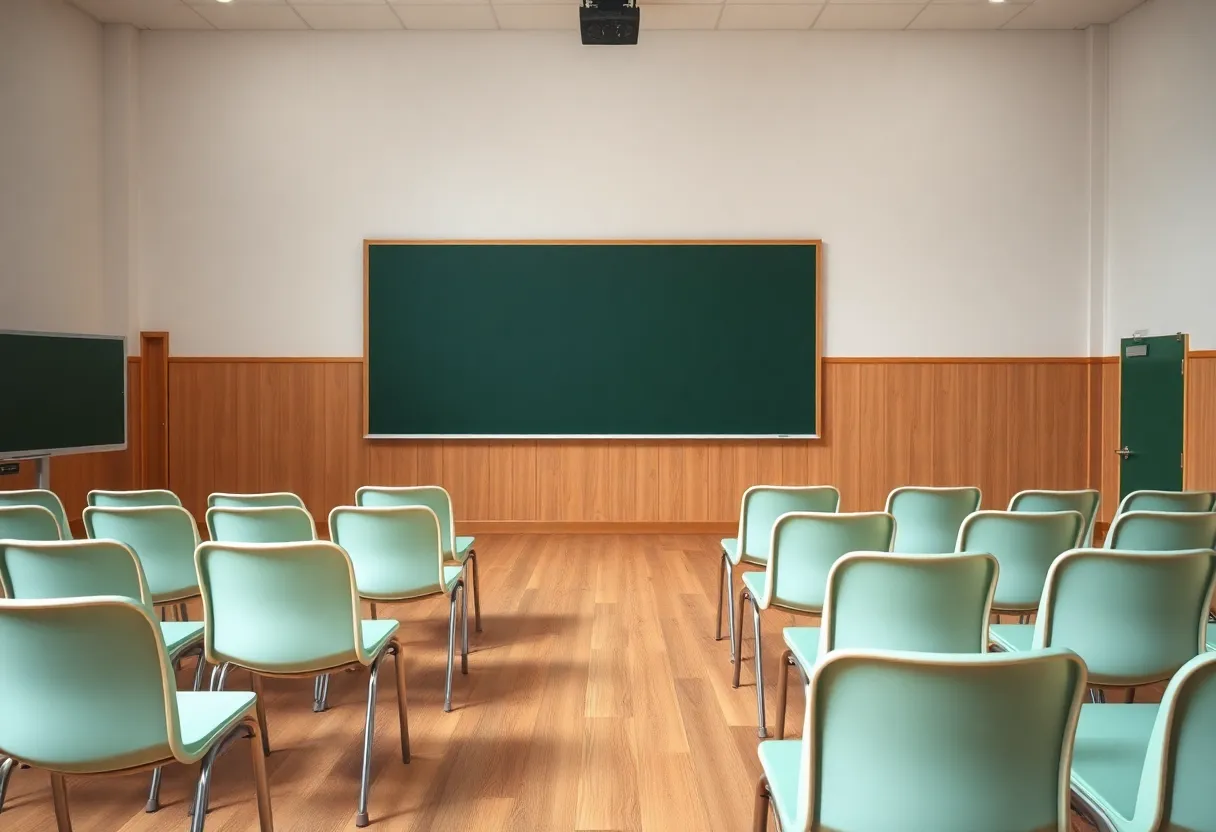 Empty school board meeting room awaiting new member appointments